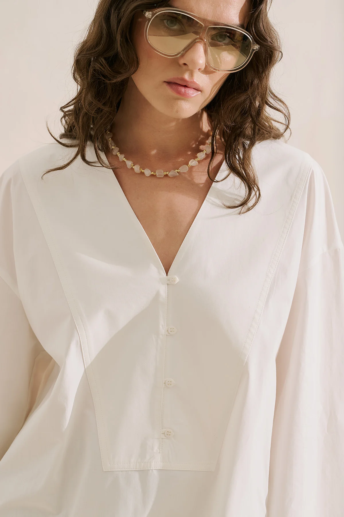 Poplin Wide Sleeve V Neck Shirt Ecru - Image 2