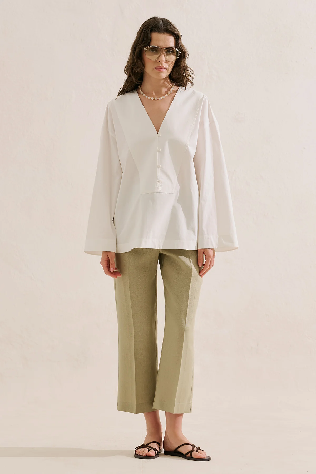 Poplin Wide Sleeve V Neck Shirt Ecru - Image 3