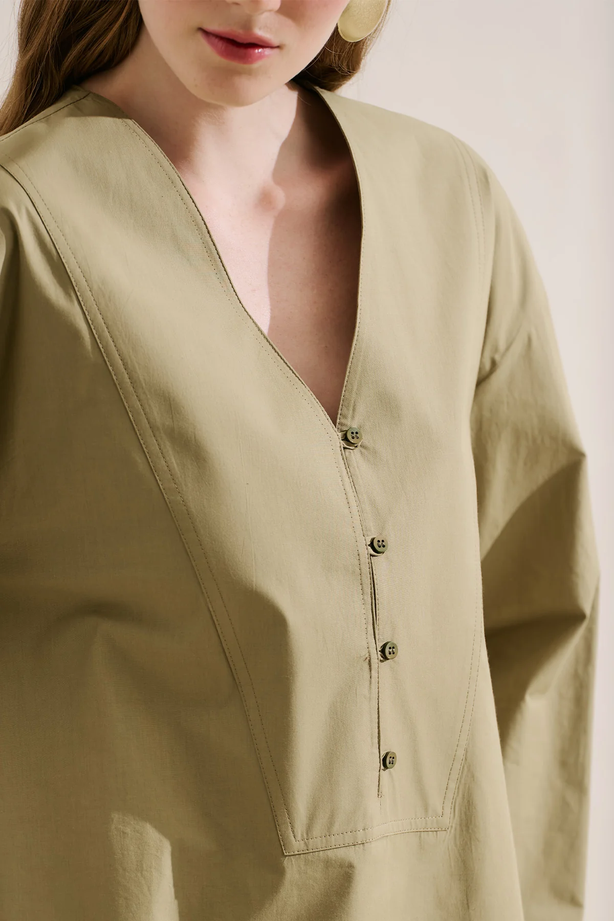 Poplin Wide Sleeve V Neck Shirt Khaki - Image 7
