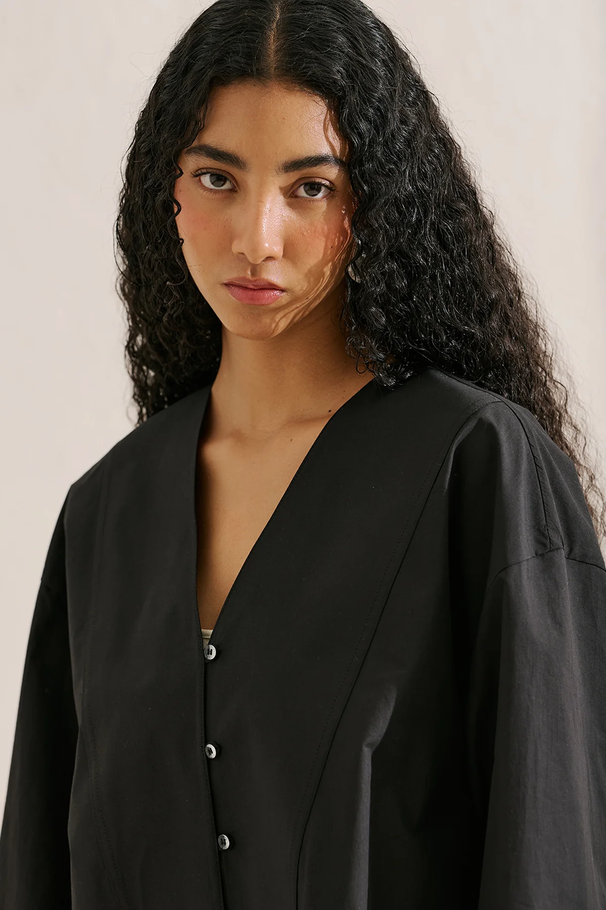 Poplin Wide Sleeve V Neck Shirt Black - Image 6