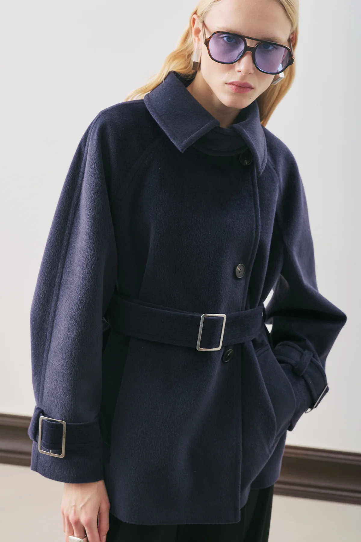 Premium Oversized Wool Coat Navy Blue - Image 2