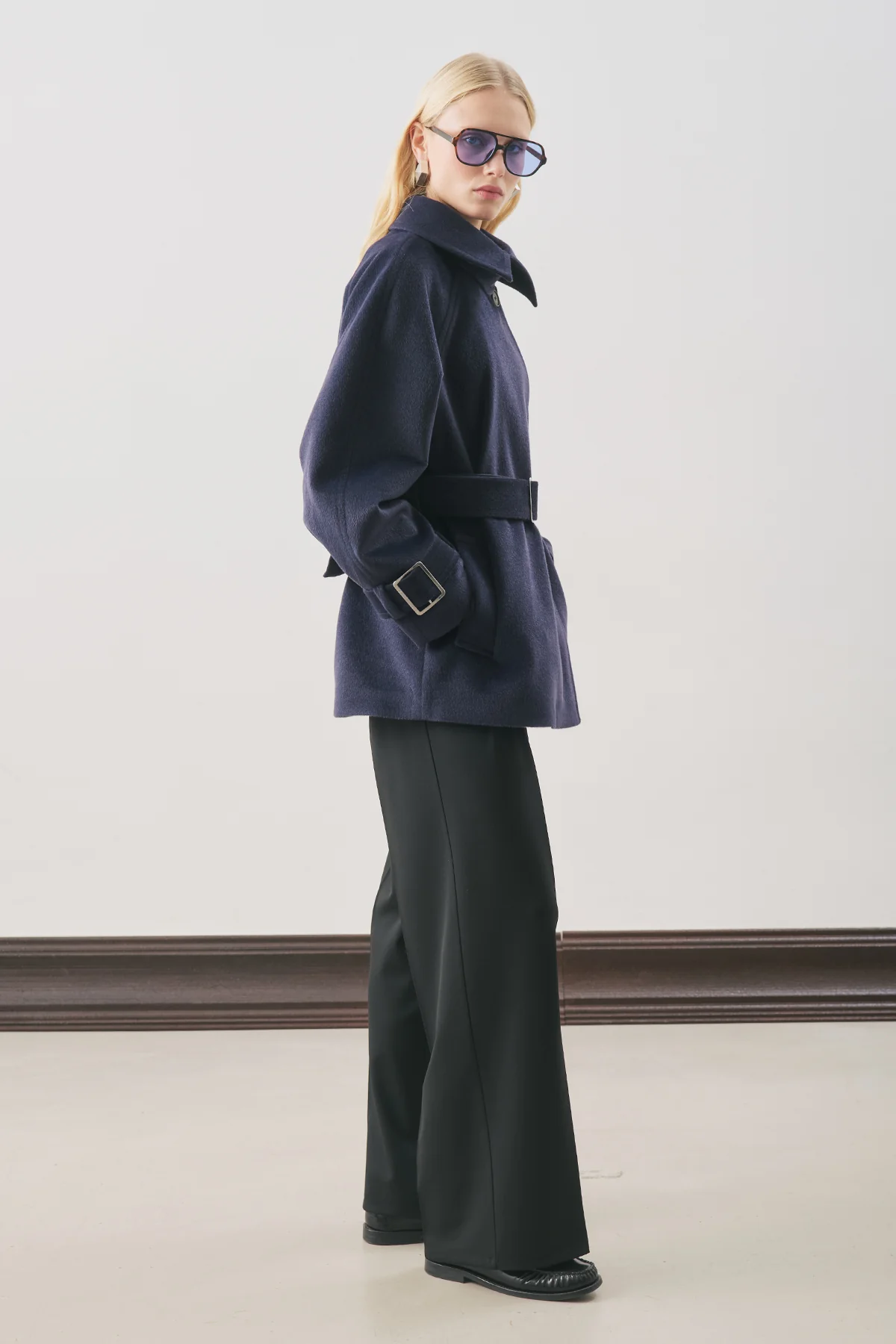 Premium Oversized Wool Coat Navy Blue - Image 3