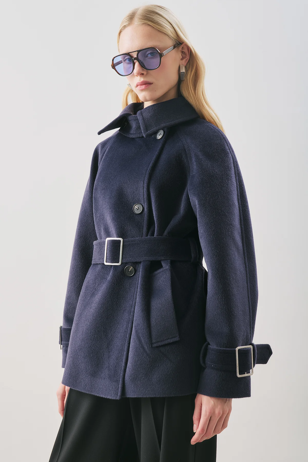 Premium Oversized Wool Coat Navy Blue - Image 4
