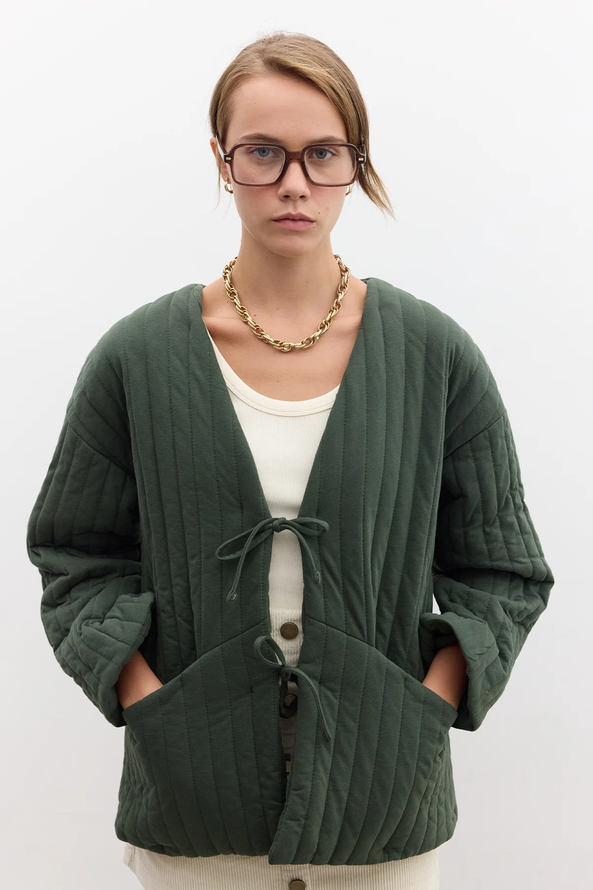 Quilted Belted Jacket Green - Image 2