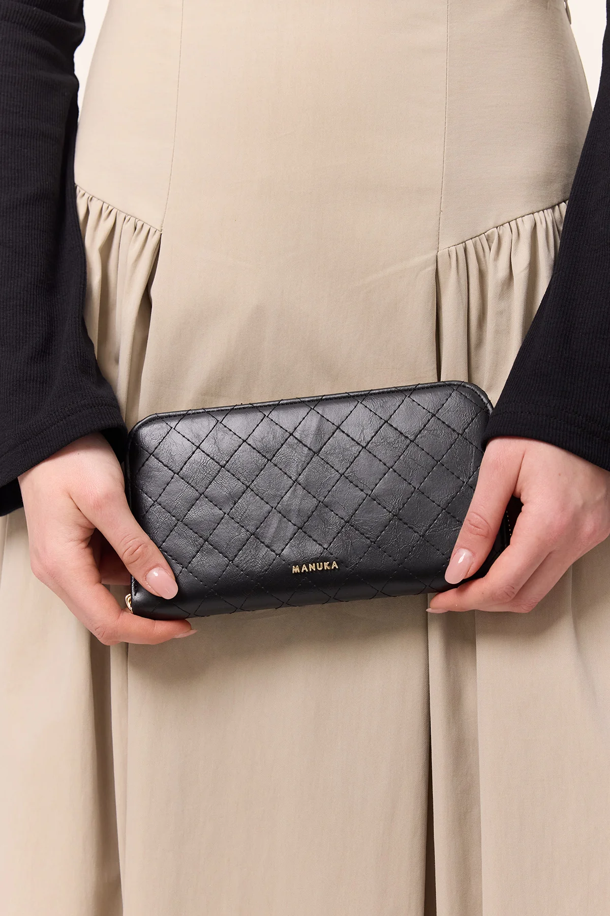 Quilted Zip-Around Wallet Black