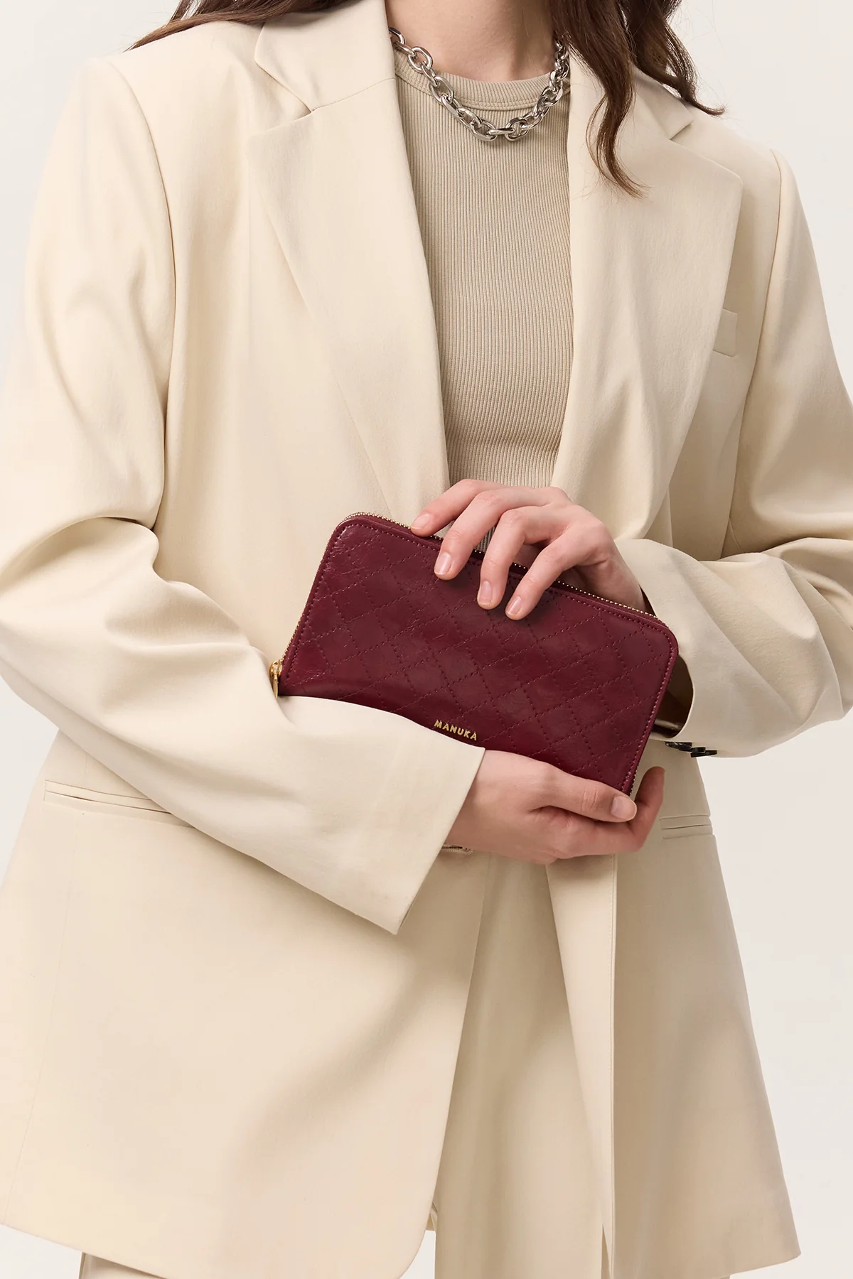 Quilted Zip-Around Wallet Burgundy - Image 2