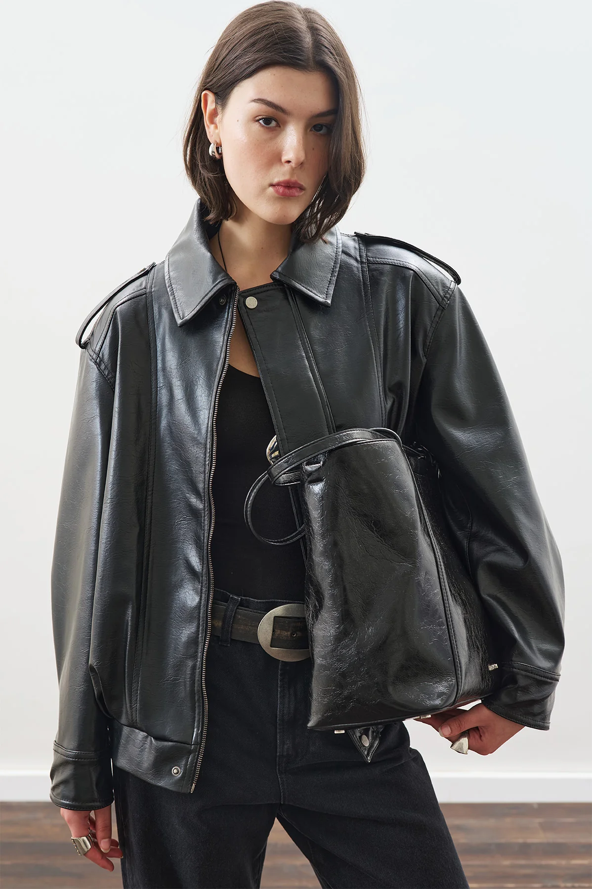 Retro Oversized Leather Jacket Black - Image 2