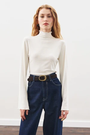Ribbed Turtleneck Top Ecru - Image 2