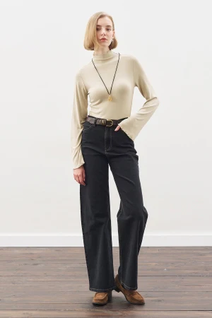 Ribbed Turtleneck Top Stone - Image 2