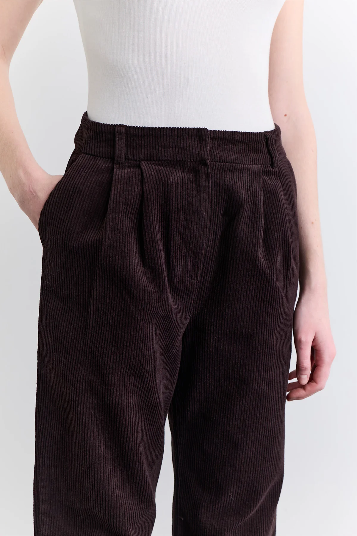 Ribbed Velvet Straight Fit Trousers Dark Brown - Image 6