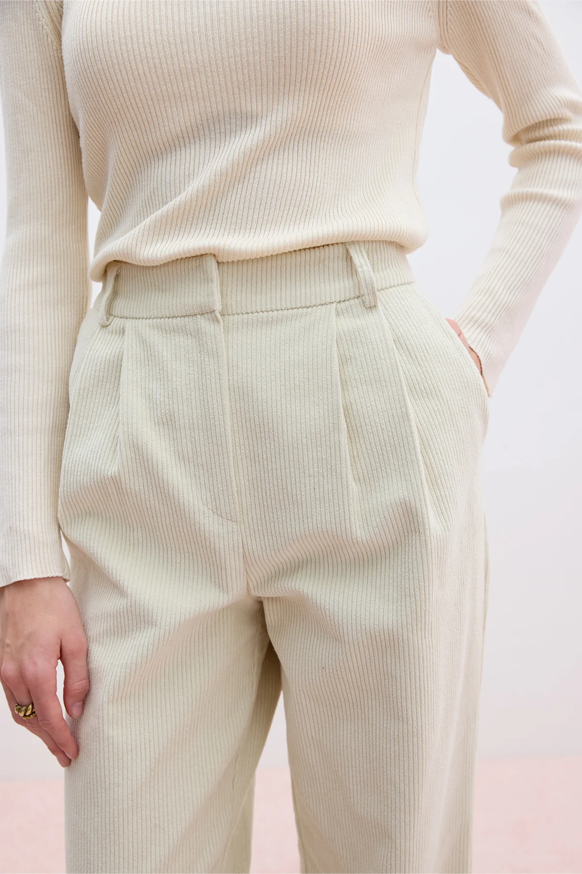Ribbed Velvet Straight Fit Trousers Vanilla - Image 5