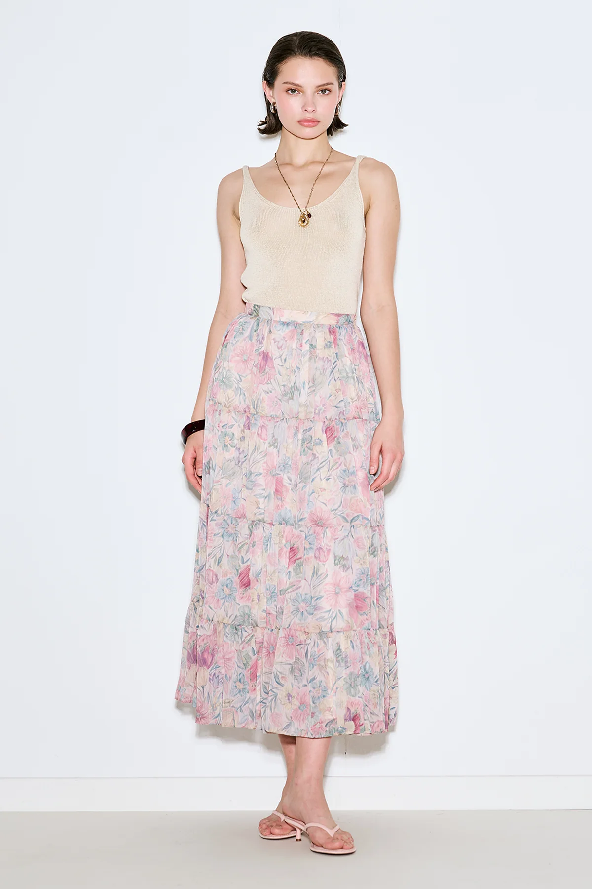 Ruched Chiffon Maxi Skirt Pastel Floral - Image 2