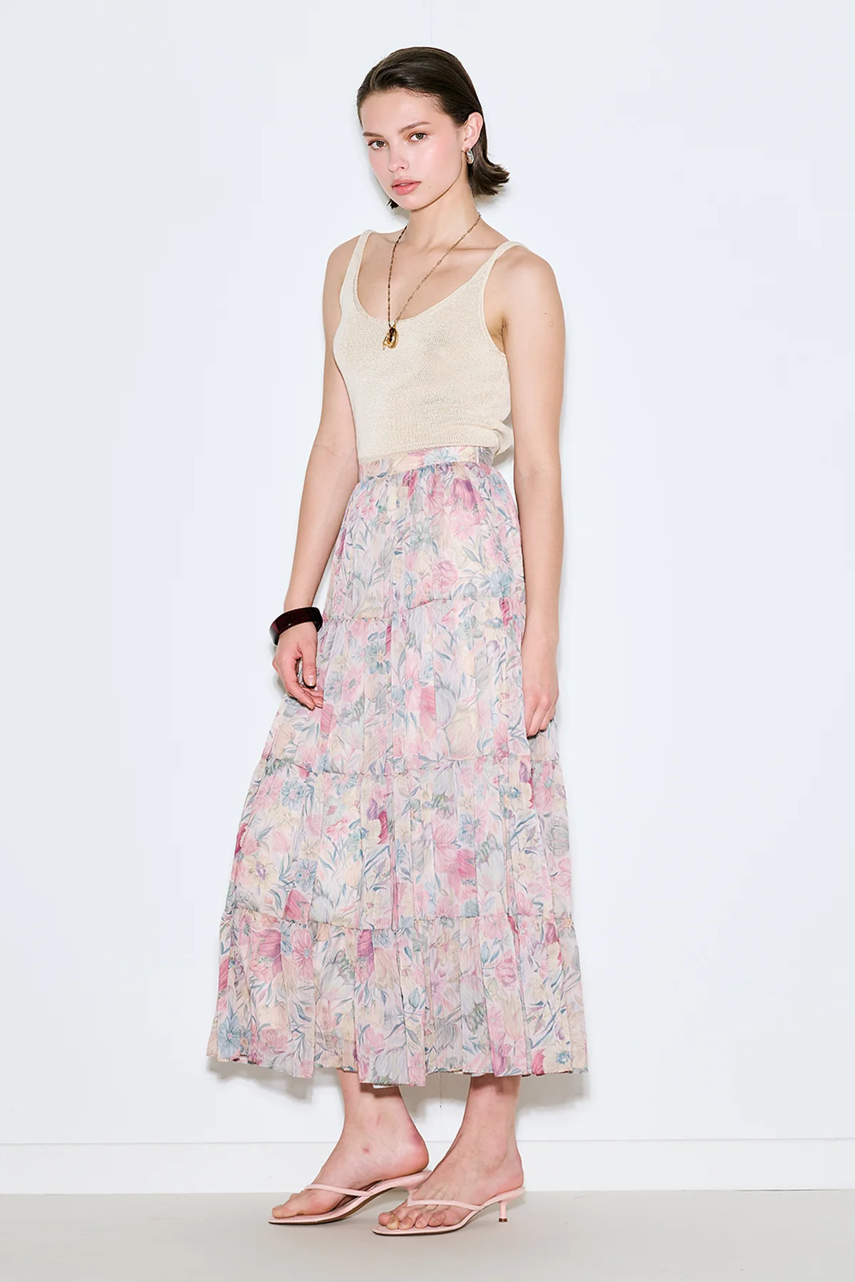 Ruched Chiffon Maxi Skirt Pastel Floral - Image 3