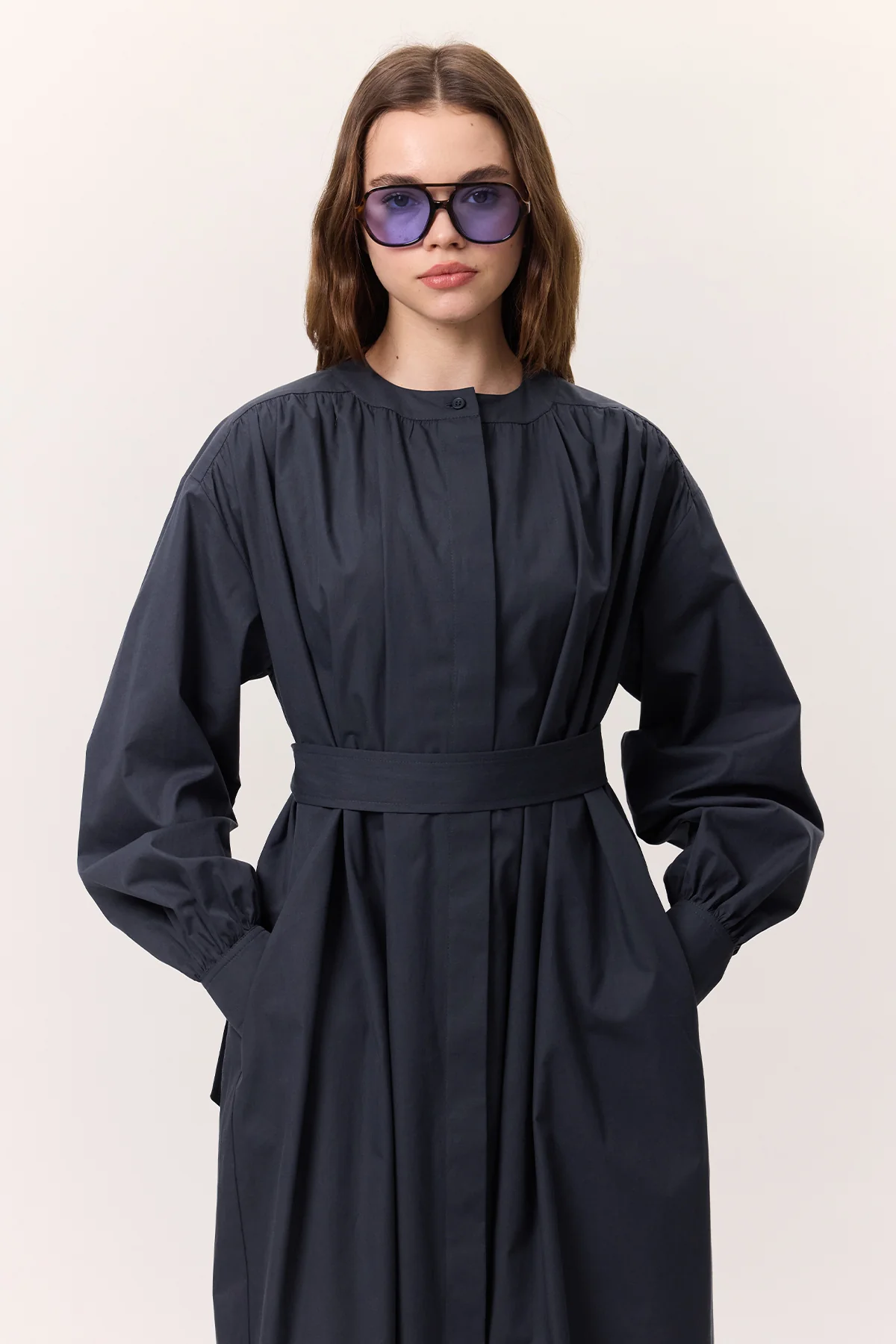 Ruched Detail Oversized Shirt Dress Navy Blue - Image 3
