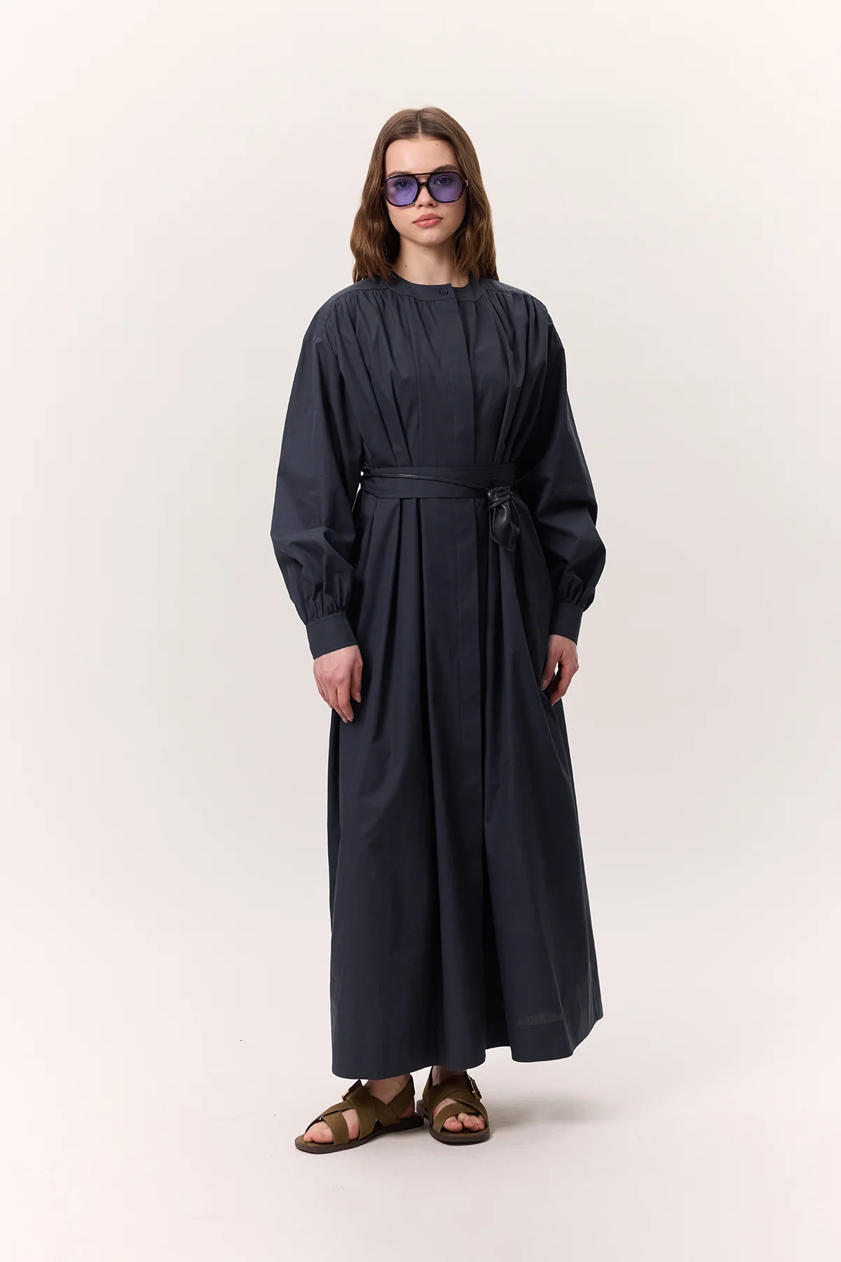 Ruched Detail Oversized Shirt Dress Navy Blue - Image 4