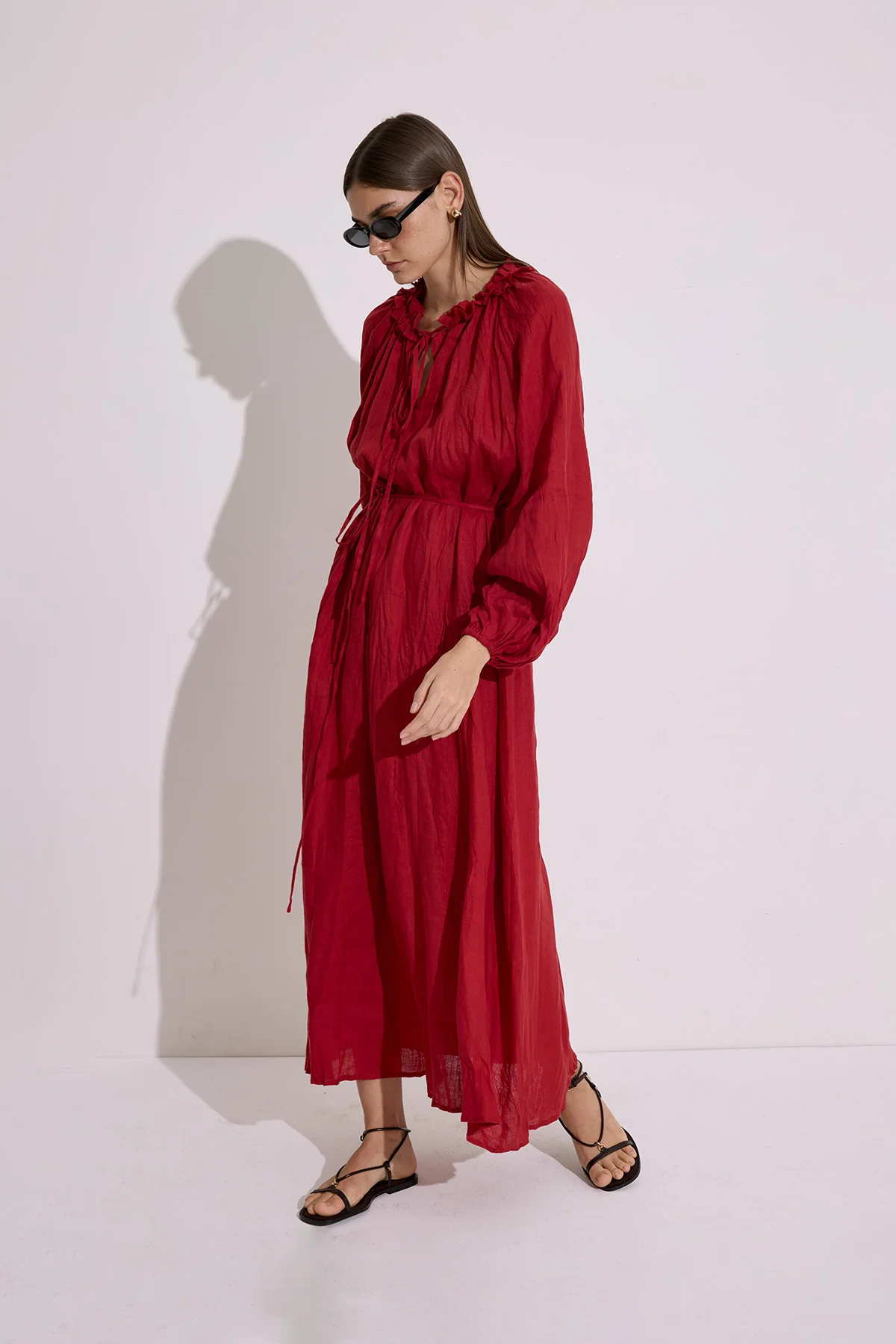 Ruched Neck Linen Dress Red - Image 4