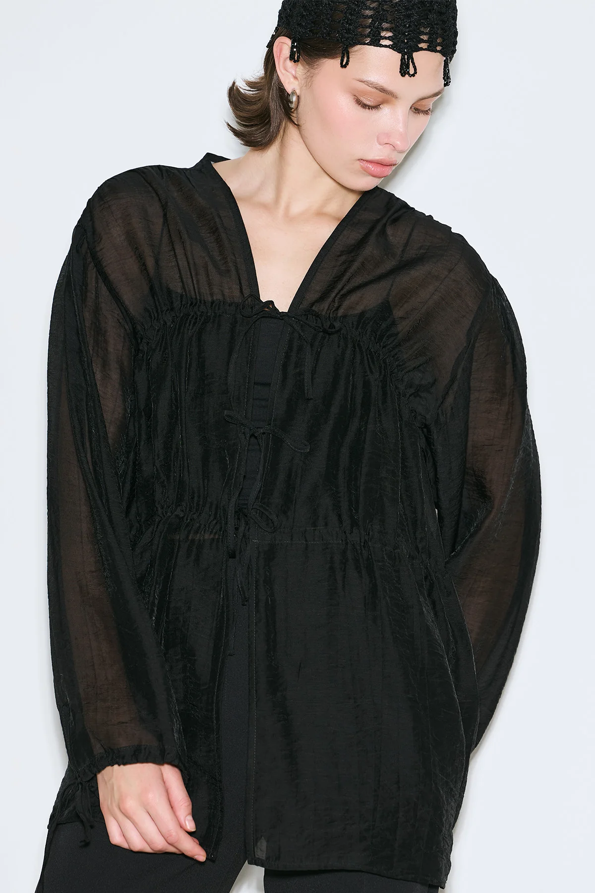 Ruched Tie Blouse Black - Image 2