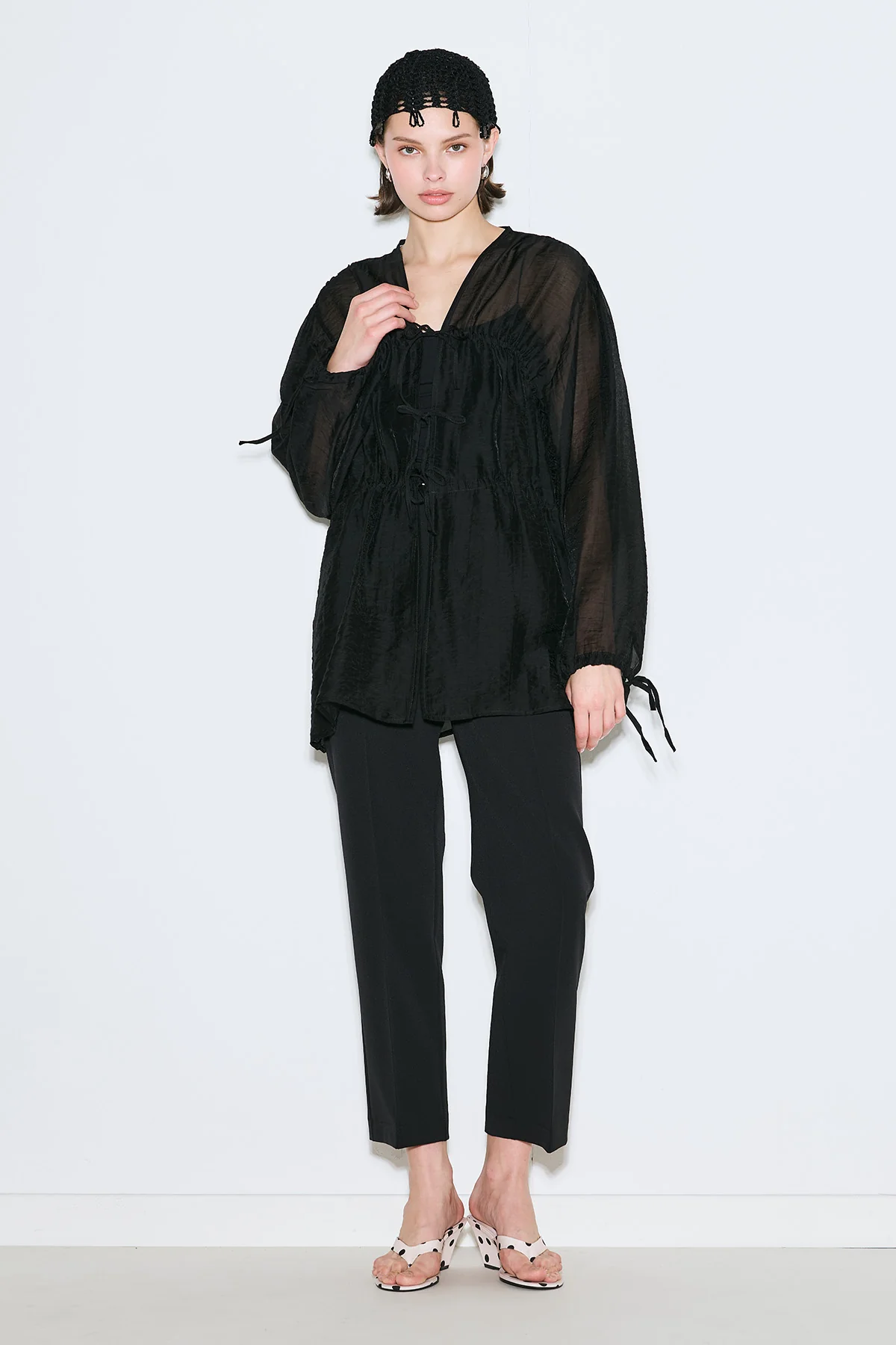Ruched Tie Blouse Black - Image 3