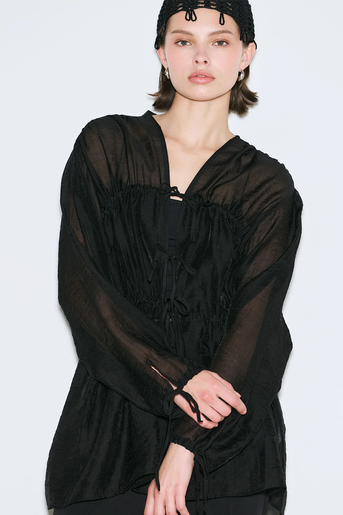 Ruched Tie Blouse Black - Image 5