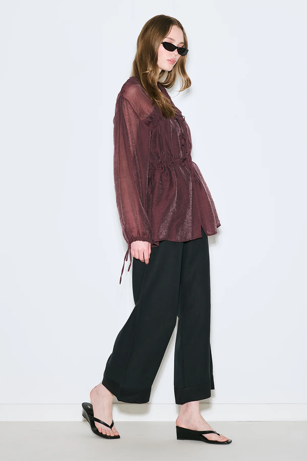 Ruched Tie Blouse Burgundy - Image 6