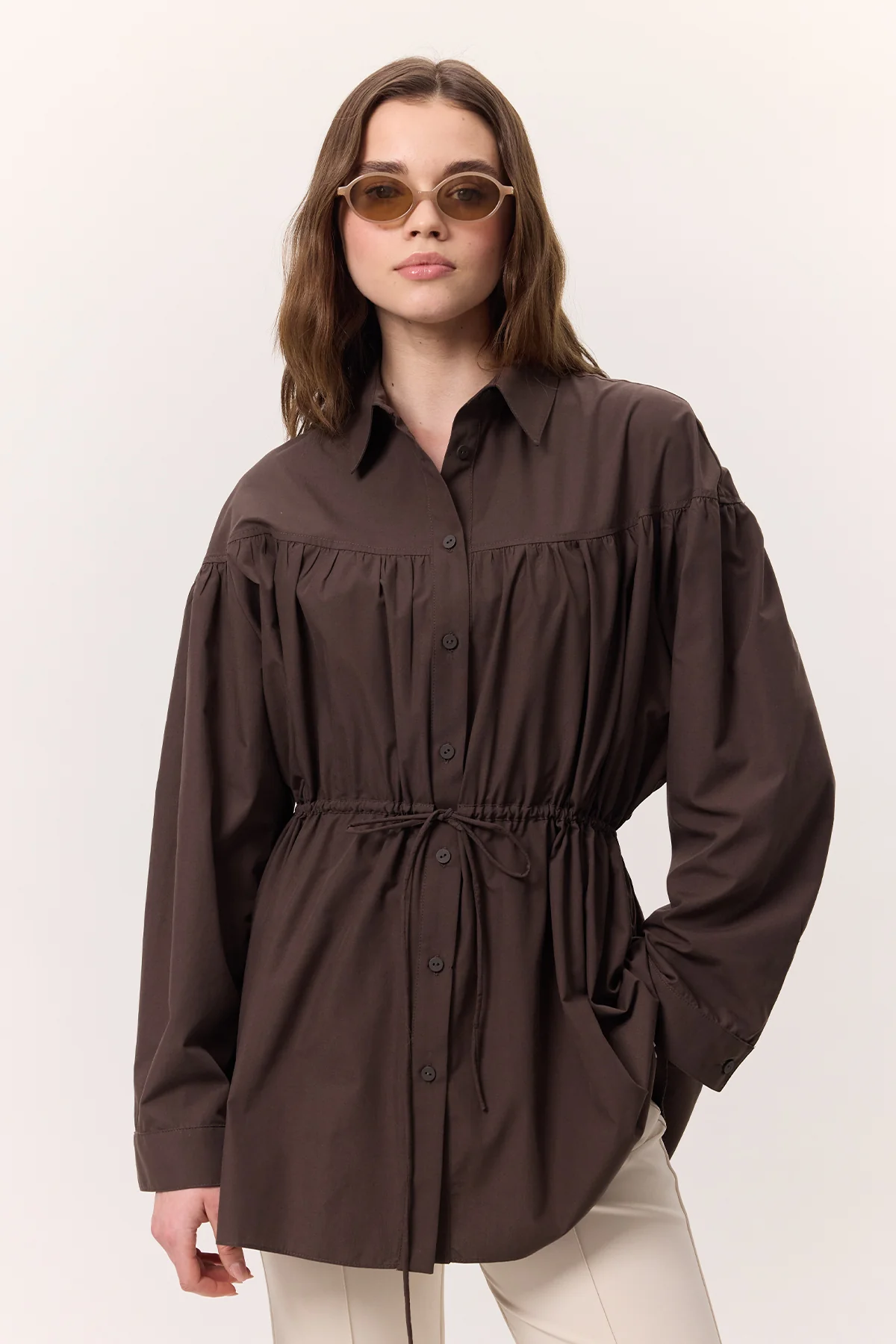 Ruched Tie-Detail Tunic Brown - Image 4