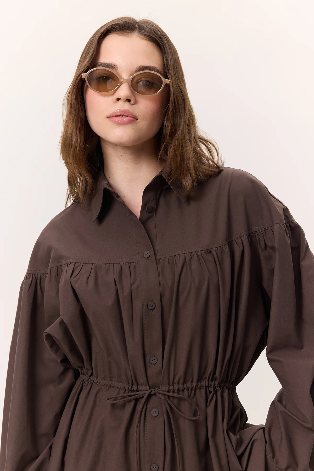 Ruched Tie-Detail Tunic Brown - Image 7