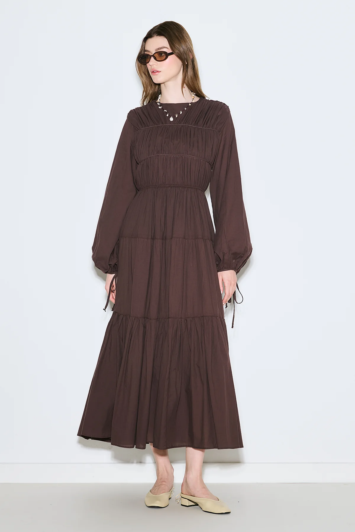 Ruched Tie Long Sleeve Dress Brown - Image 3
