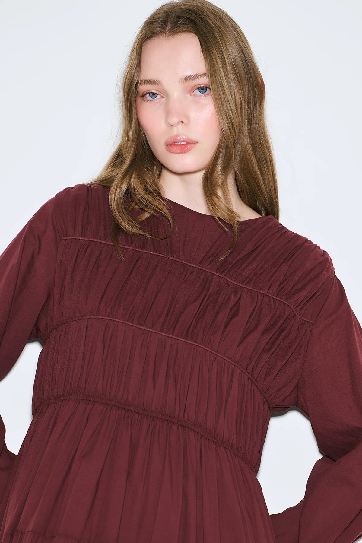 Ruched Tie Long Sleeve Dress Burgundy - Image 3