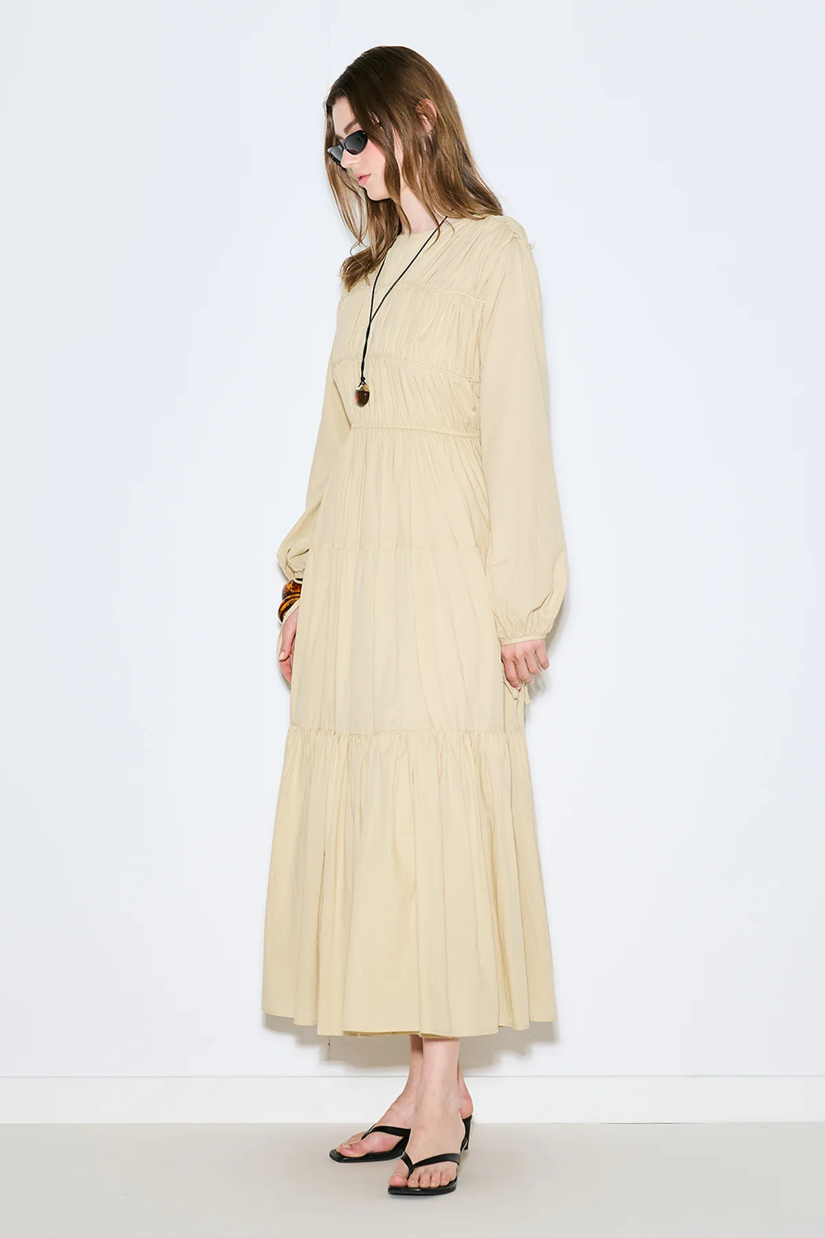 Ruched Tie Long Sleeve Dress Pastel Yellow - Image 3