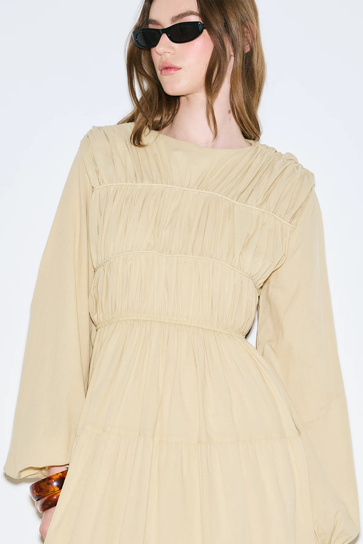 Ruched Tie Long Sleeve Dress Pastel Yellow - Image 4