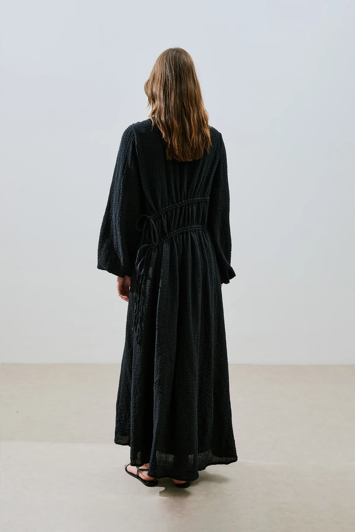 Ruched Tie Textured Dress Black - Image 6