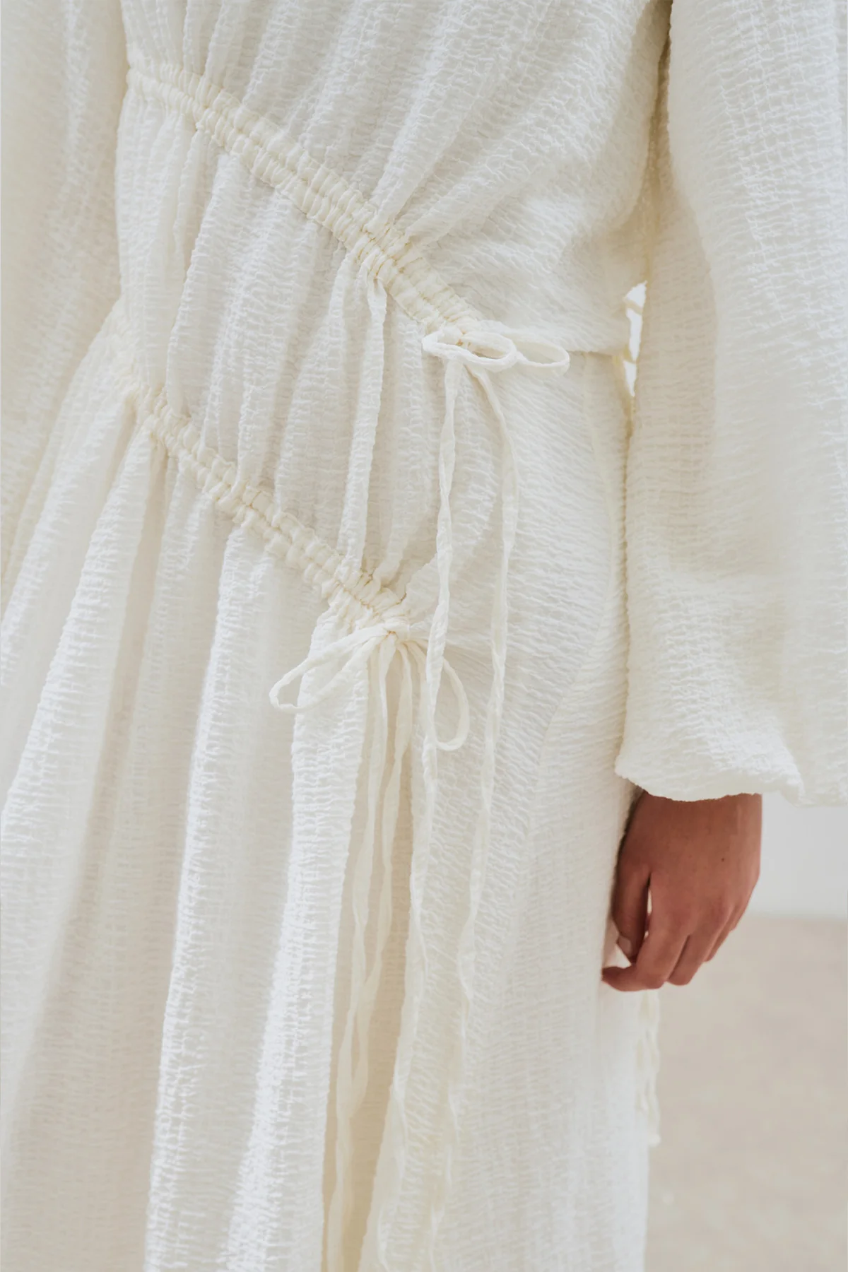 Ruched Tie Textured Dress Ecru - Image 5