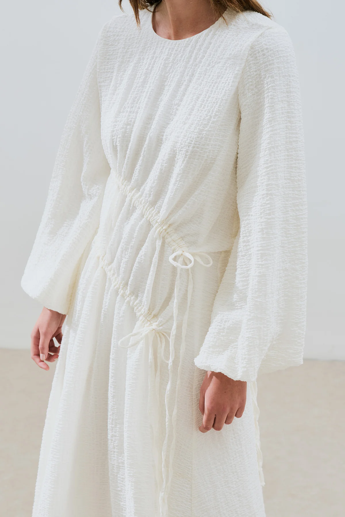 Ruched Tie Textured Dress Ecru - Image 6