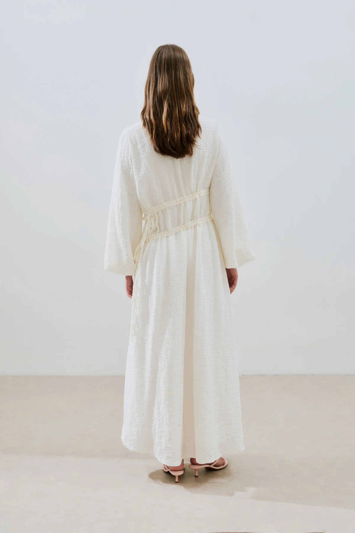 Ruched Tie Textured Dress Ecru - Image 8