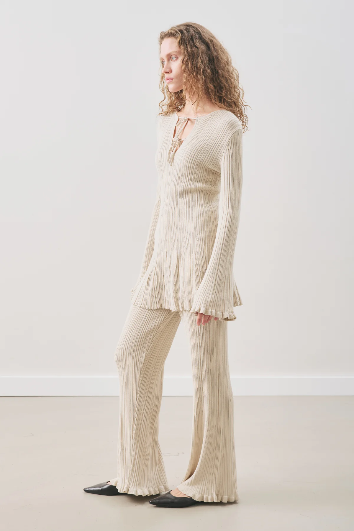Ruffled Ribbed Knit Tunic Beige - Image 2