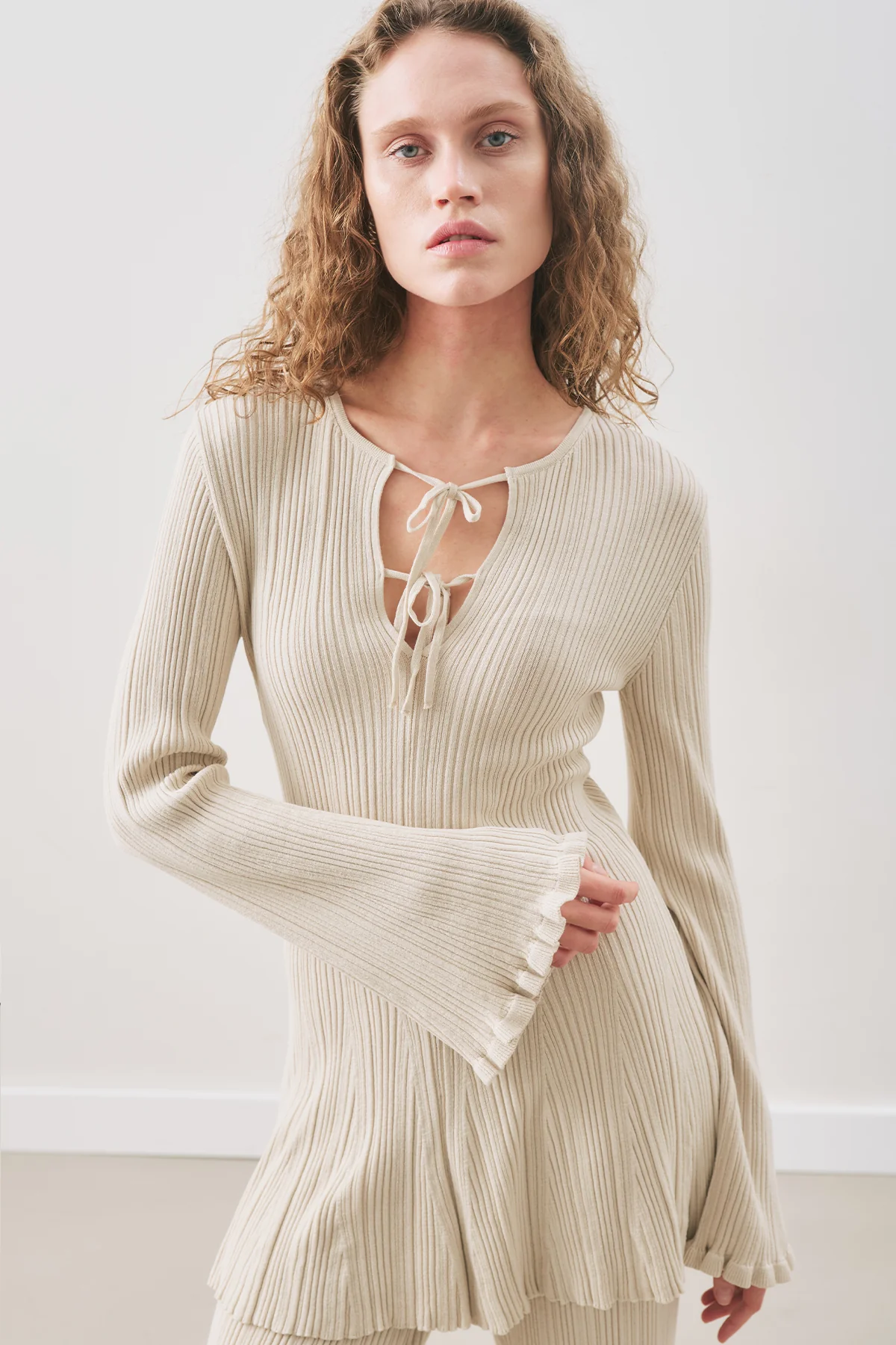 Ruffled Ribbed Knit Tunic Beige - Image 3