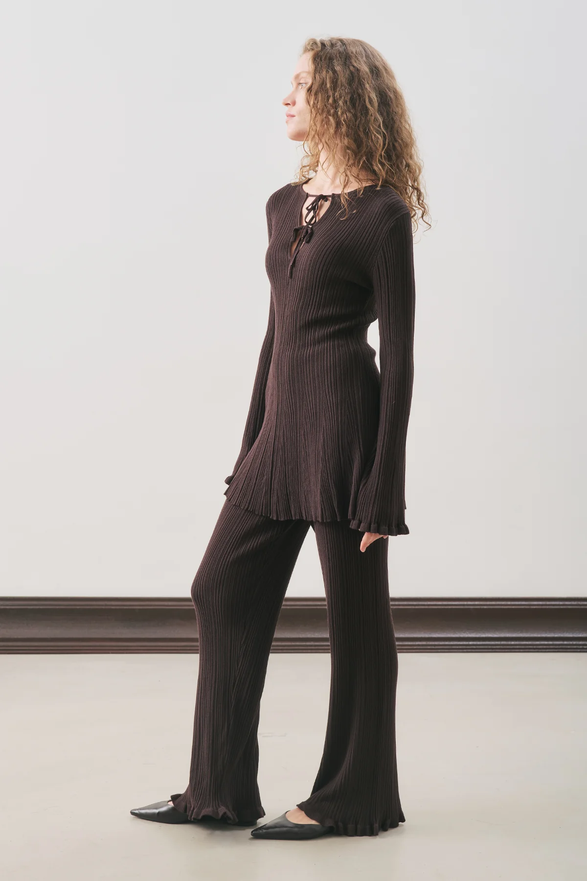 Ruffled Ribbed Knit Tunic Brown - Image 4