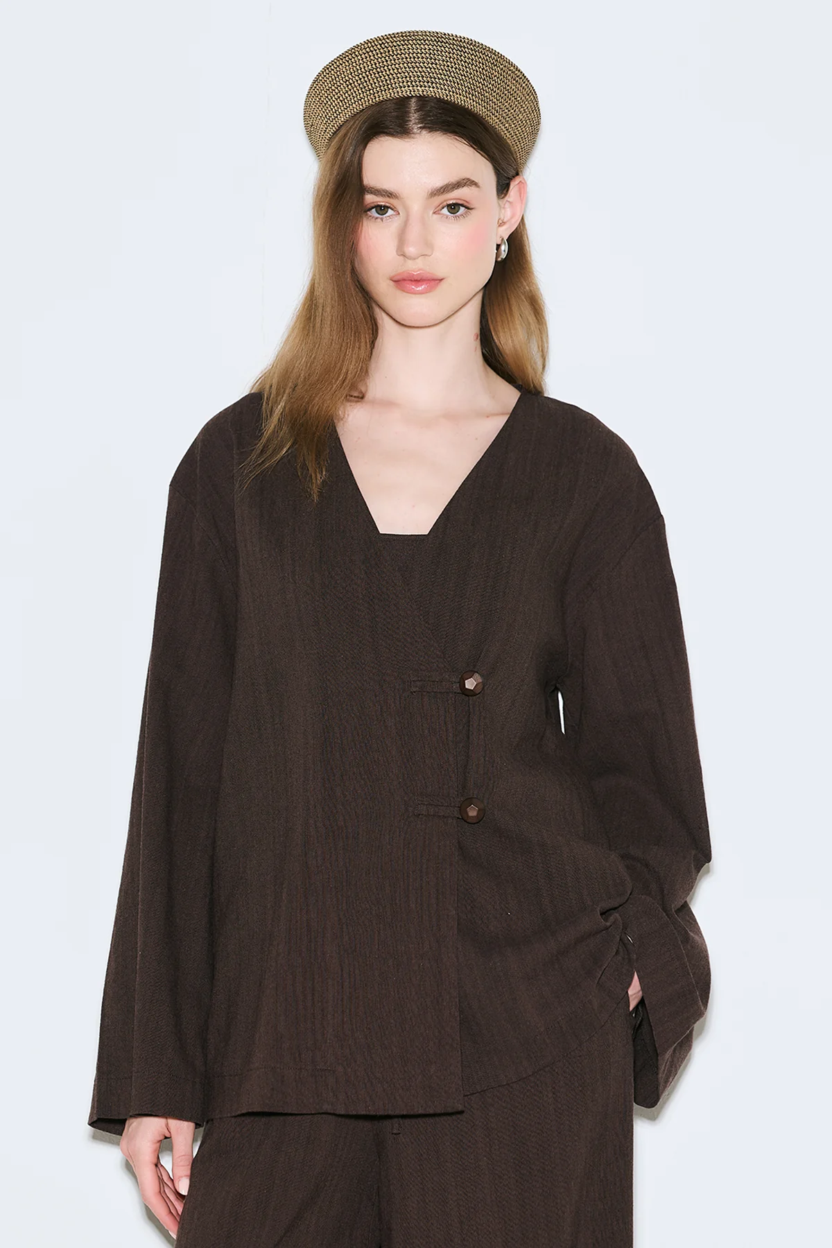 Rustic Buttoned Kimono Dark Brown - Image 2