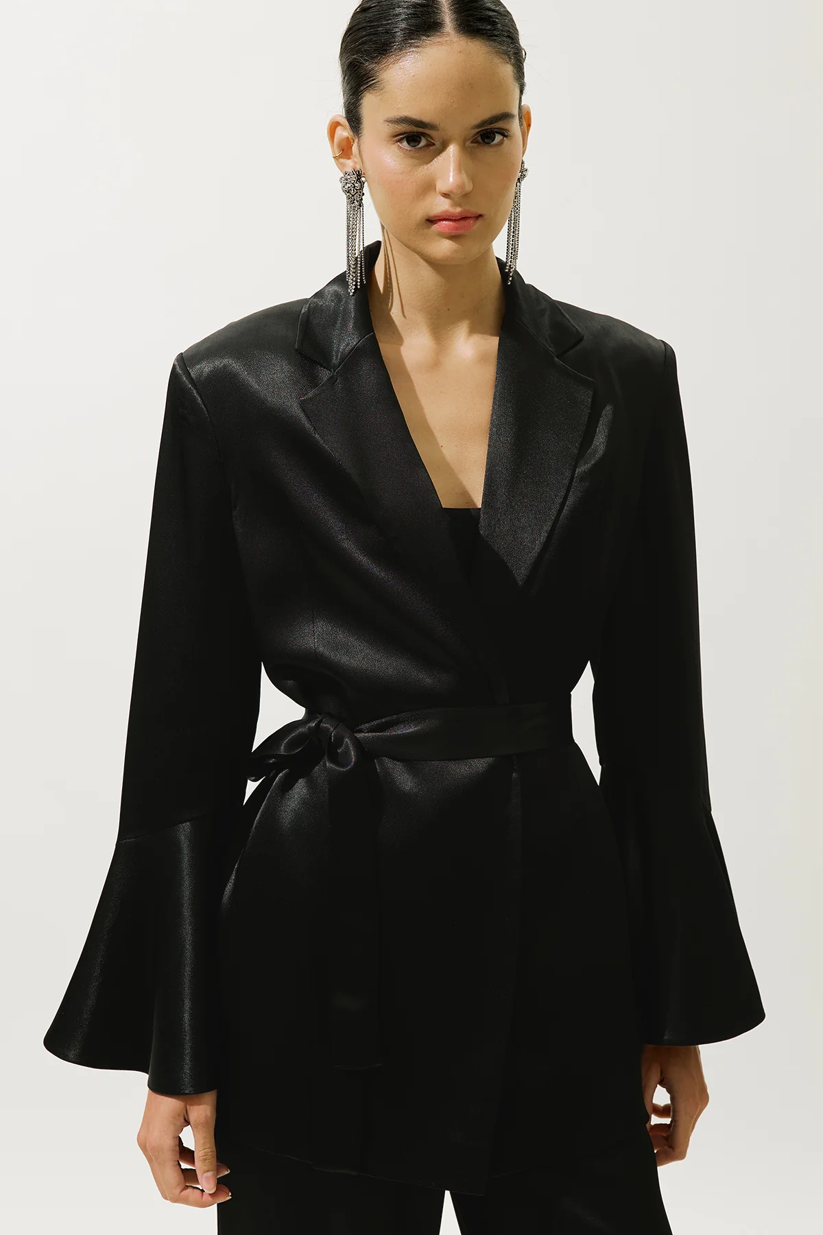 Satin Belted Evening Blazer Black