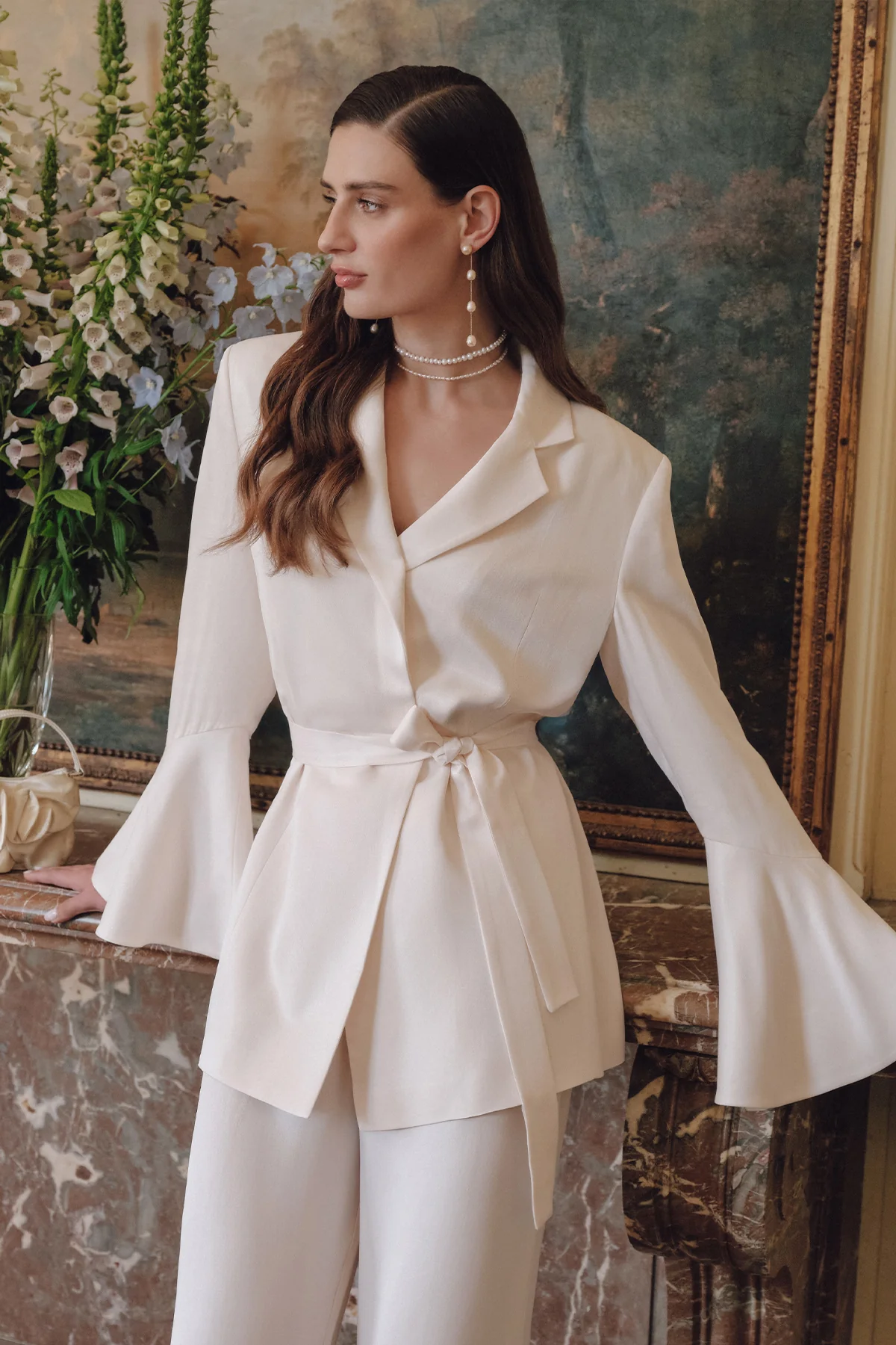 Satin Belted Evening Blazer Vanilla