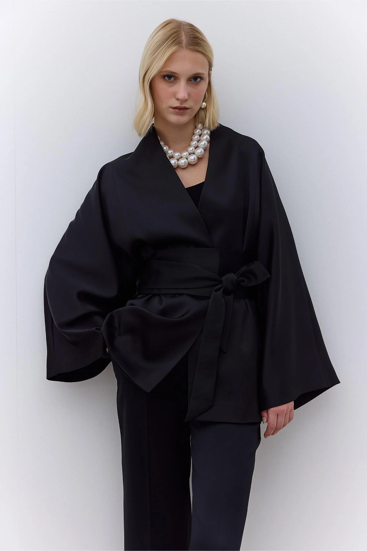 Satin Belted Kimono Black - Image 2