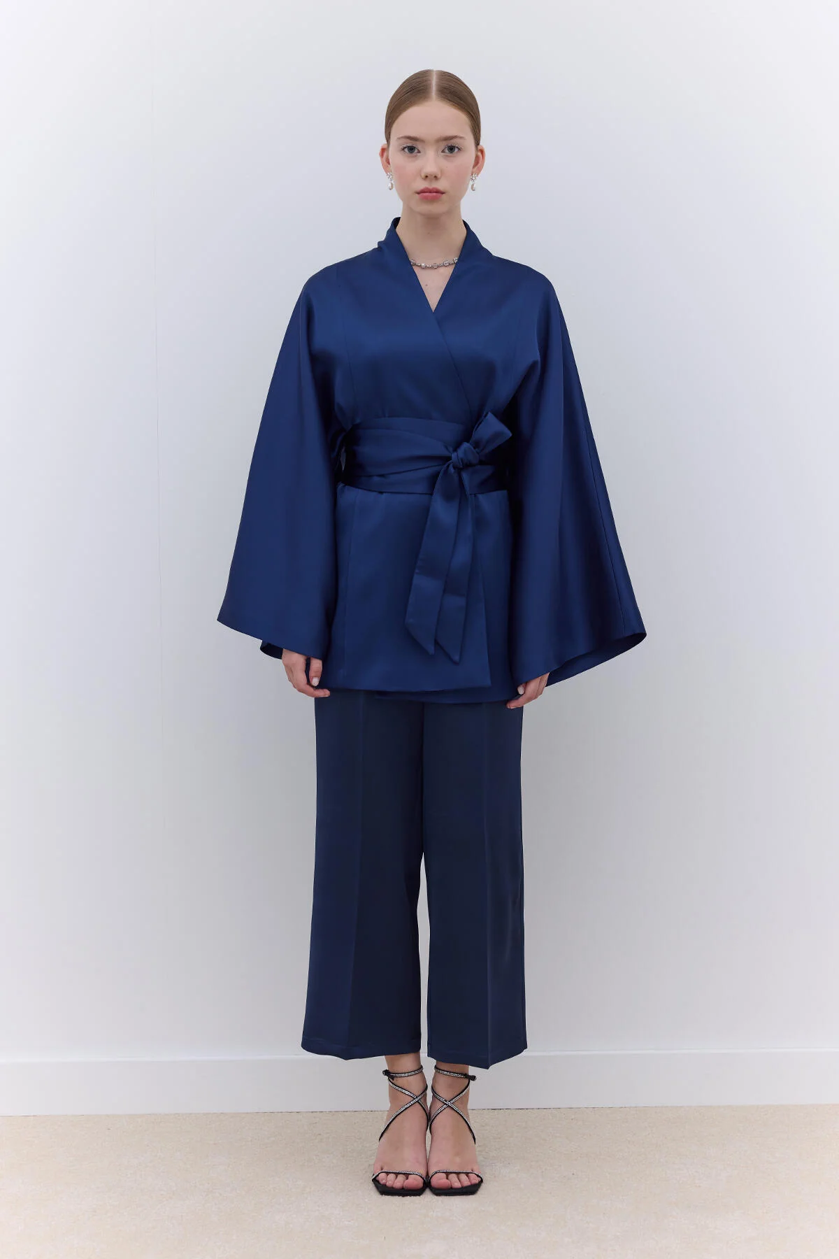 Satin Belted Kimono Navy Blue - Image 3