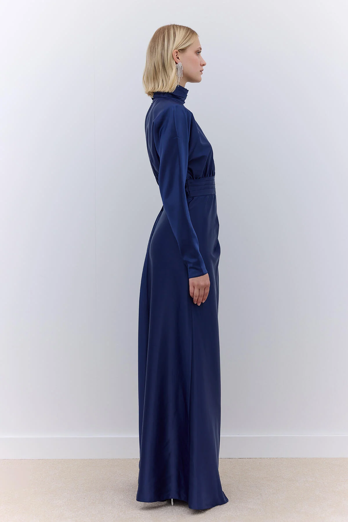 Satin Draped Shoulder Evening Dress Navy Blue - Image 3