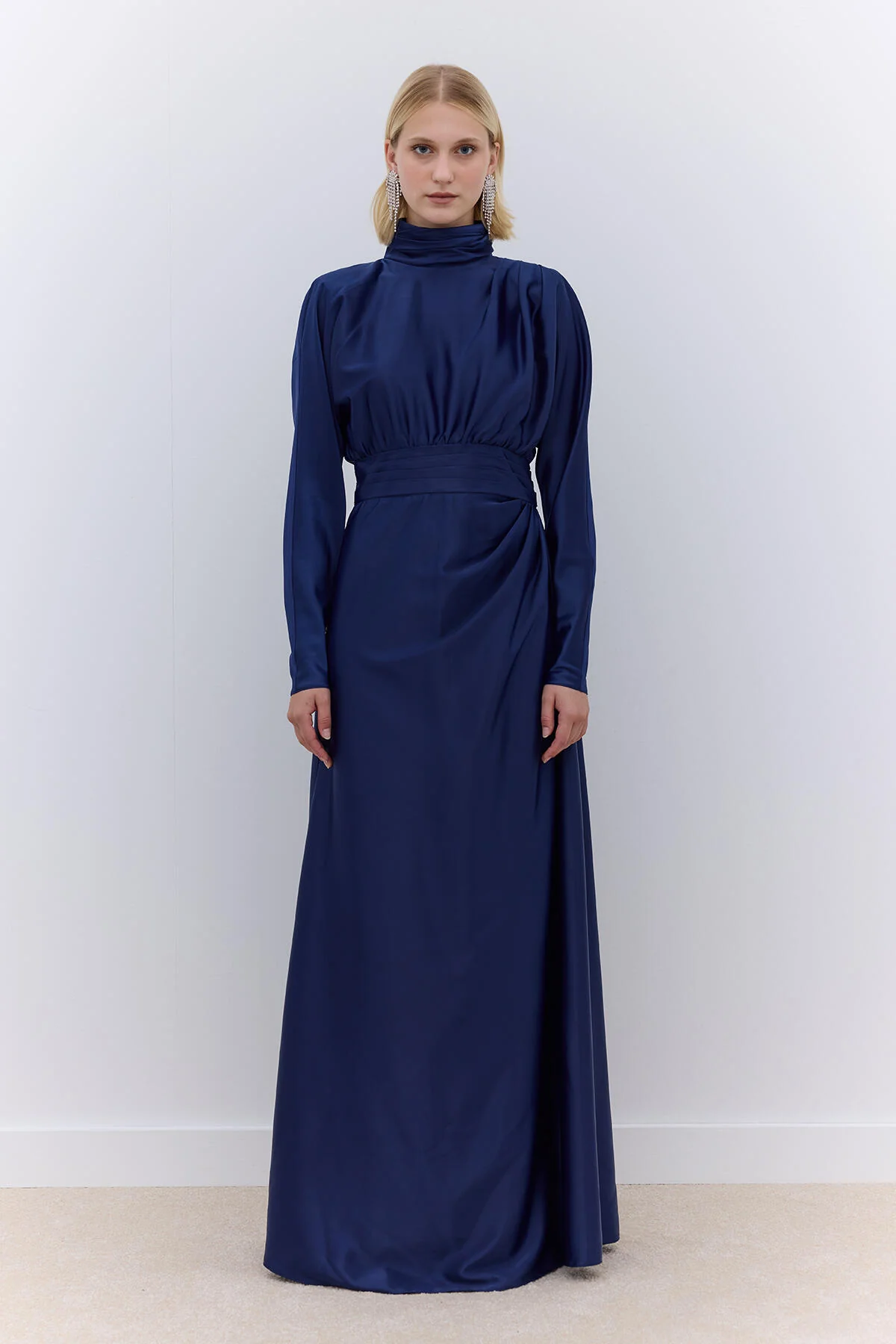 Satin Draped Shoulder Evening Dress Navy Blue - Image 4