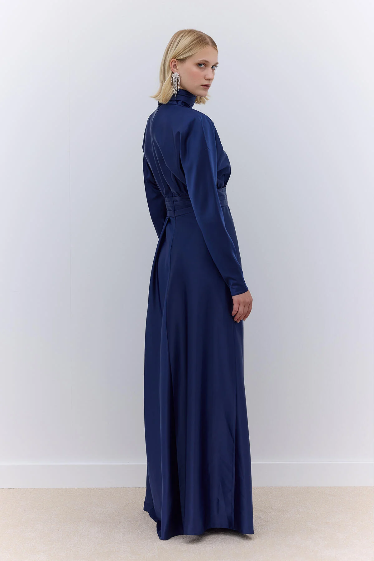 Satin Draped Shoulder Evening Dress Navy Blue - Image 5