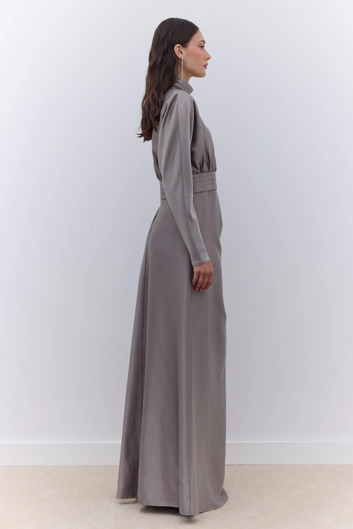 Satin Draped Shoulder Evening Dress Silver - Image 4