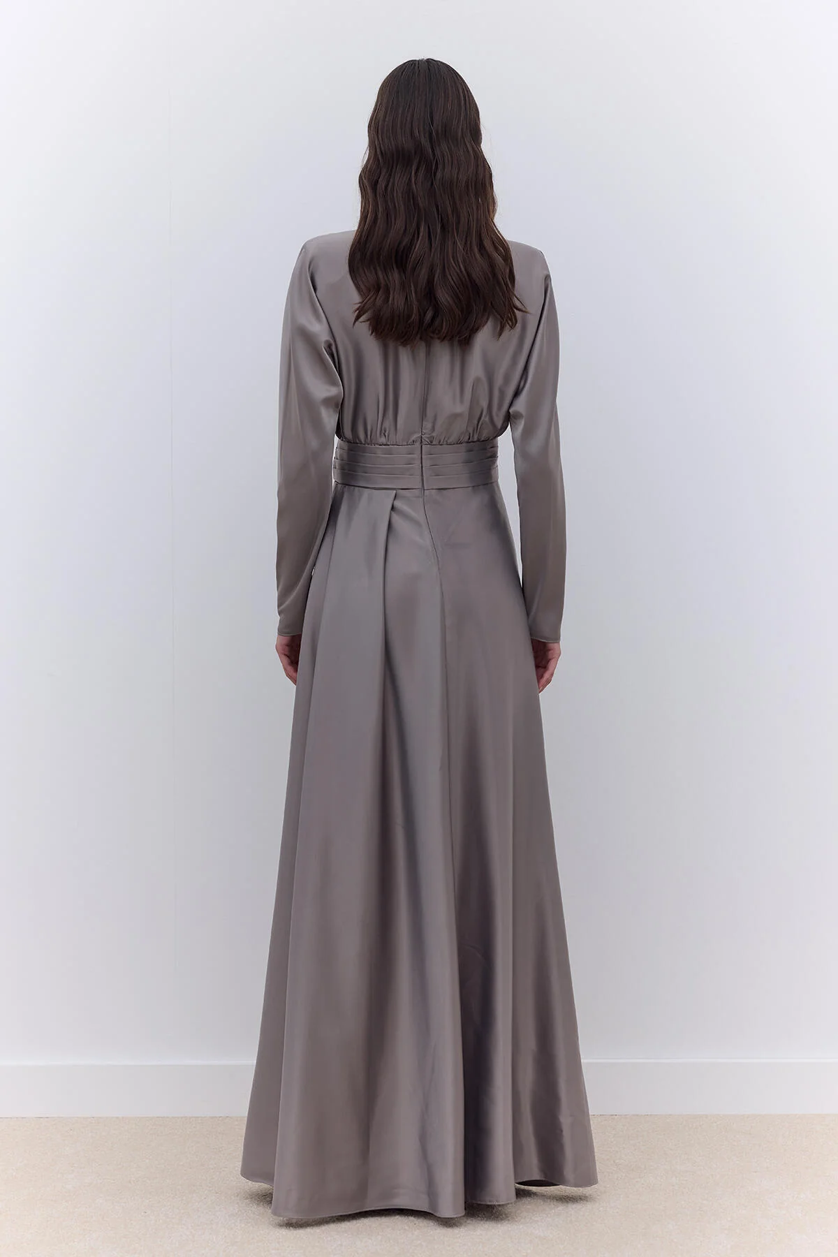 Satin Draped Shoulder Evening Dress Silver - Image 5