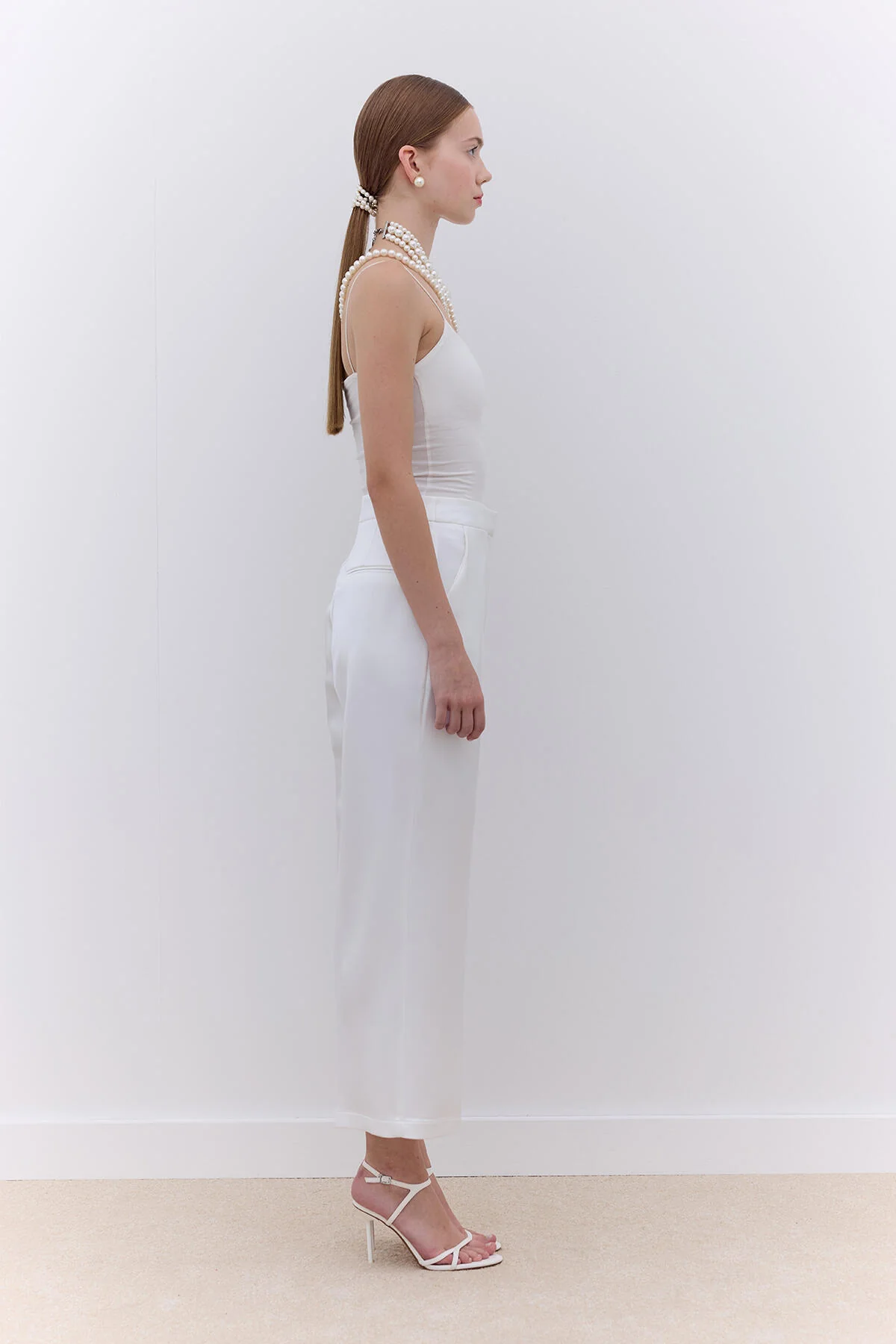 Satin Straight Leg Trousers Ecru - Image 3