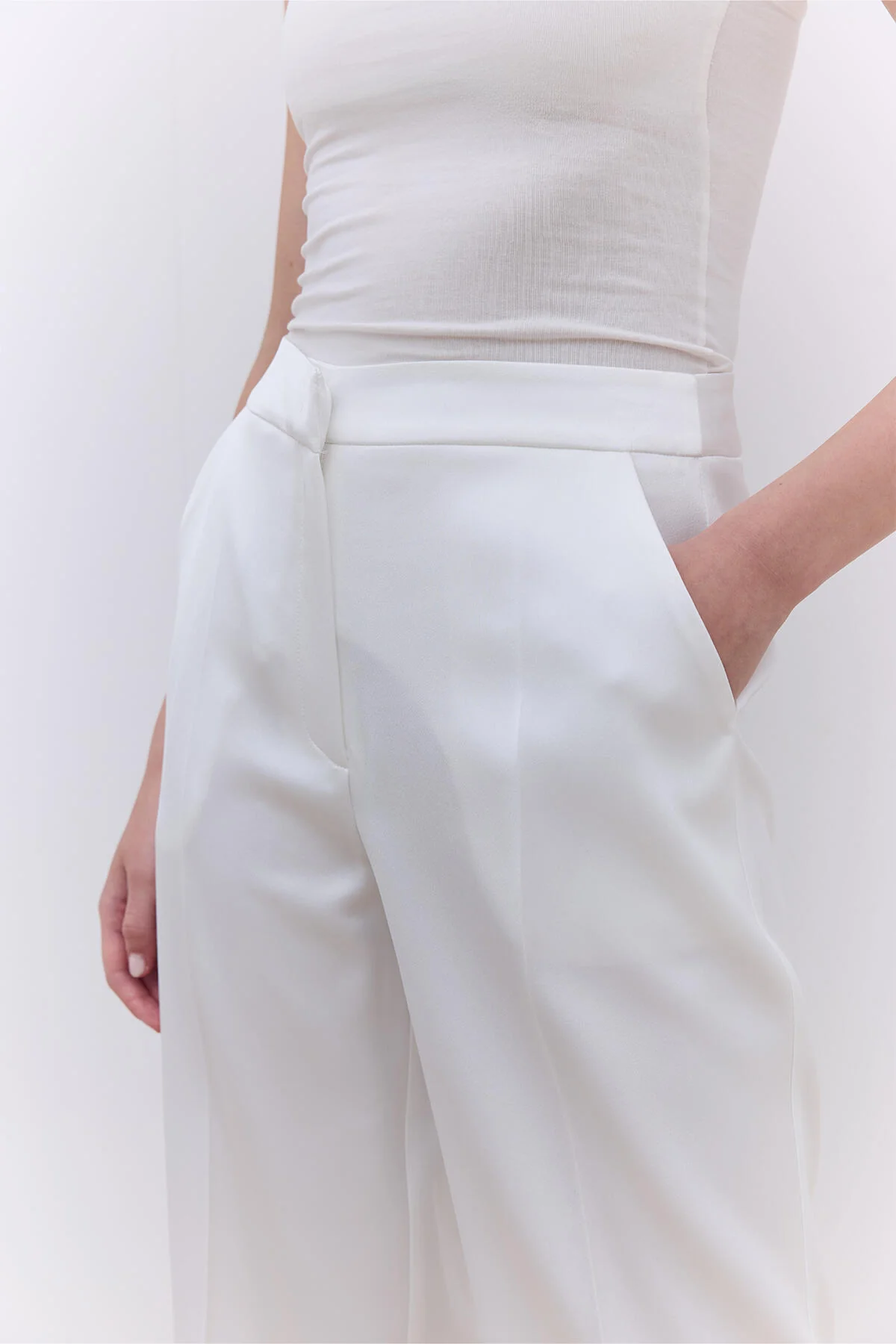 Satin Straight Leg Trousers Ecru - Image 5