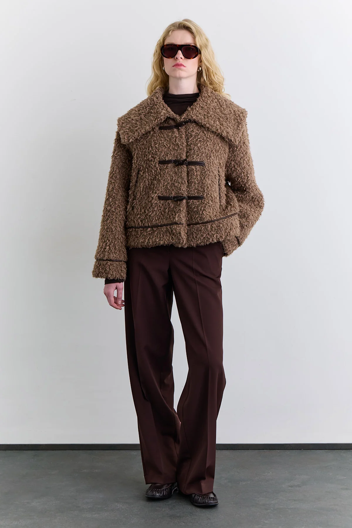Short Faux Fur Buttoned Coat Brown - Image 11